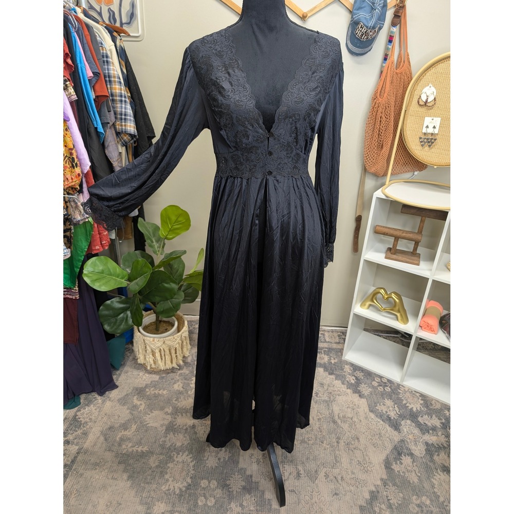 Shadowline Black Nylon Lace Long Sleeve Nightgown Vintage Style L